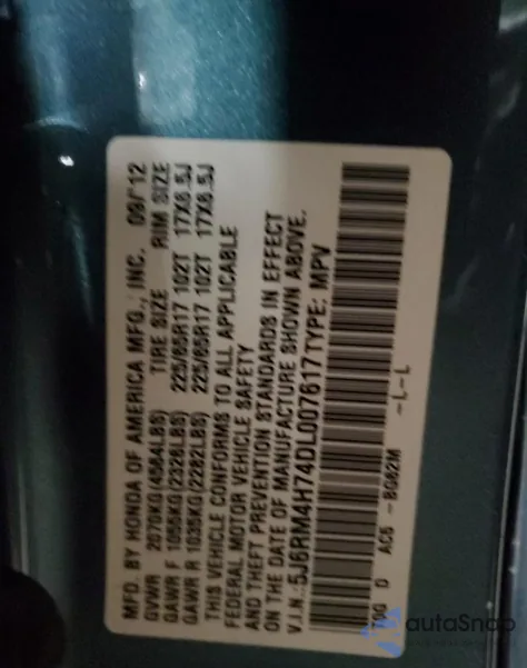 2013 Honda Cr-V Exl from USA, damaged, VIN 5J6RM4H74DL007617